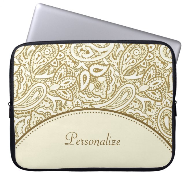Luxury Gold and Ivory Paisley Damask With Name Laptop Sleeve (Front)