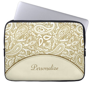 Luxury Gold and Ivory Paisley Damask With Name Laptop Sleeve