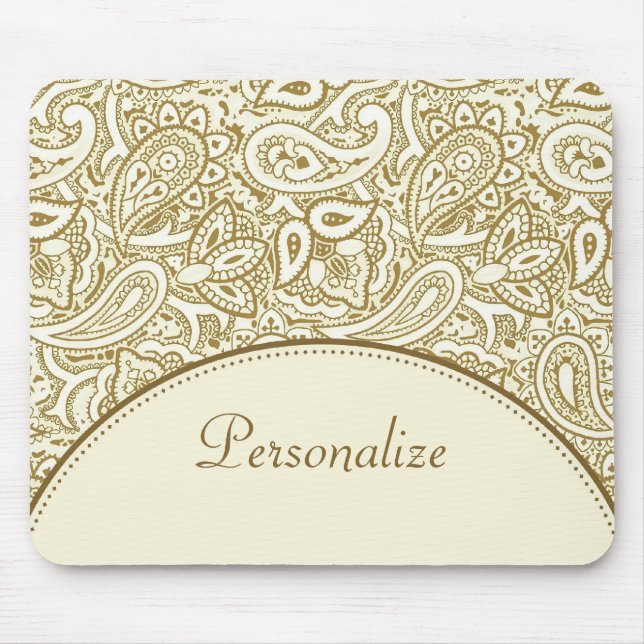 Luxury Gold and Ivory Paisley Damask With Name Mouse Mat (Front)