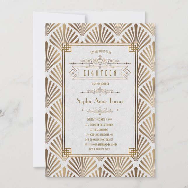 Luxury Gold Art Deco Great Gatsby 18th Birthday Invitation (Front)