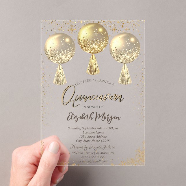 Luxury Gold Balloons Confetti Stars Quinceañera Acrylic Invitations (Insitu (Handheld))