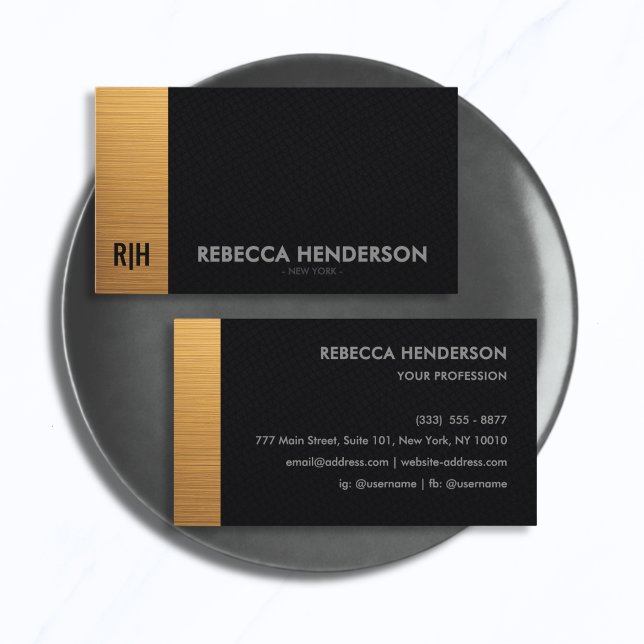 Luxury Gold Bar & Black Leather Monogram  Business Card (Creator Uploaded)