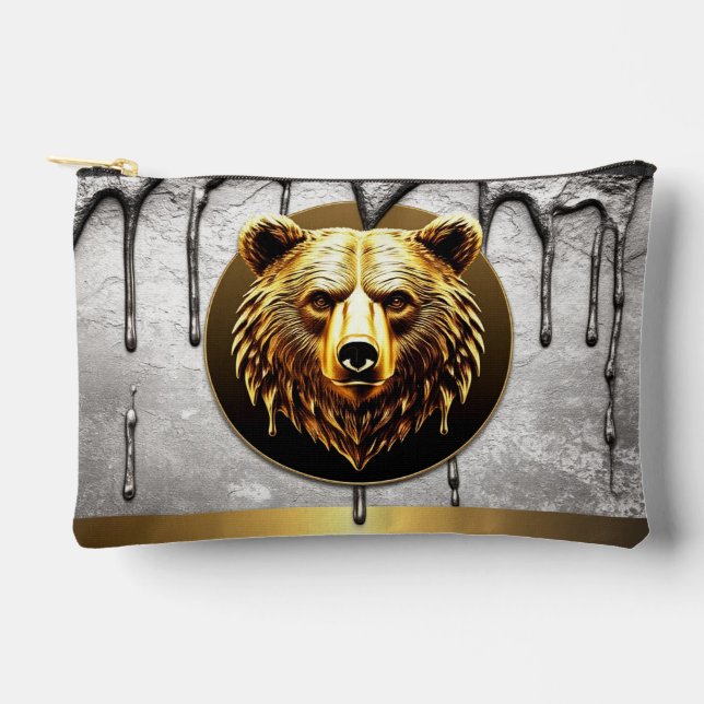 Luxury Gold Bear Emblem Metal Style 🐻 Accessory Pouch (Front)