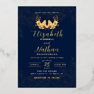 Luxury Gold Birds Floral Navy Blue Pattern