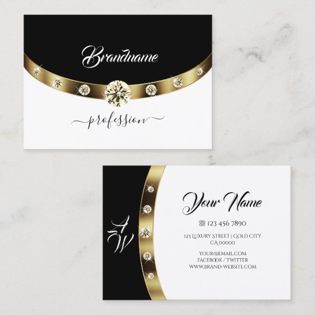 Luxury Gold Black and White Monogram Faux Diamonds Business Card (Front/Back)