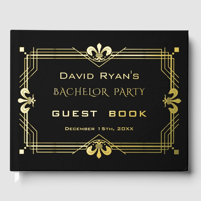 Luxury Gold Black Art Deco 20s Bachelor Party Guest Book (Front)