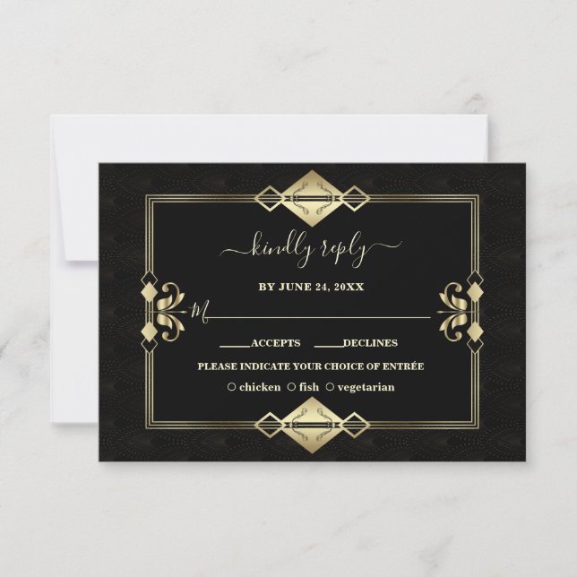 Luxury Gold Black Art Deco Fleur-de-Lis Wedding RSVP Card (Front)