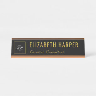 Luxury Gold & Black Business Logo Custom Desk Name Plate