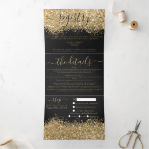 Luxury Gold Black Glitter Registry Detail RSVP Tri-Fold Invitation