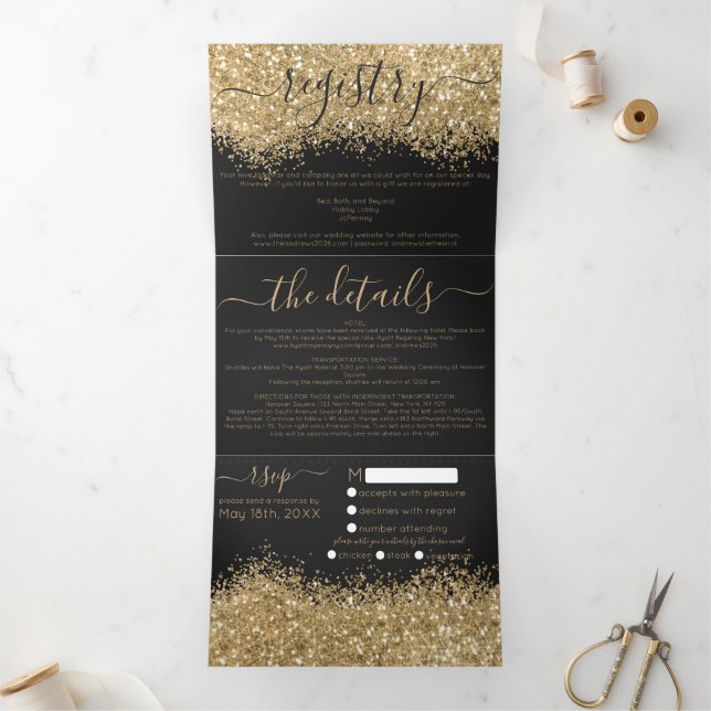 Luxury Gold Black Glitter Registry Detail RSVP Tri-Fold Invitation (Inside)