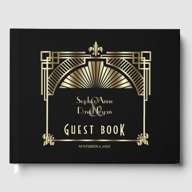 Luxury Gold Black Great Gatsby Roaring 20s Wedding Guest Book (Front)