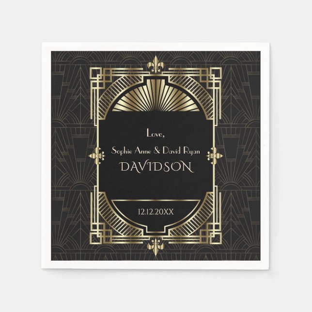 Luxury Gold Black Great Gatsby Roaring 20s Wedding Napkin (Front)