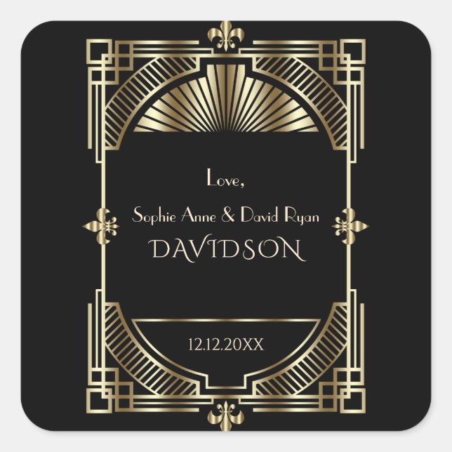 Luxury Gold Black Great Gatsby Roaring 20s Wedding Square Sticker (Front)