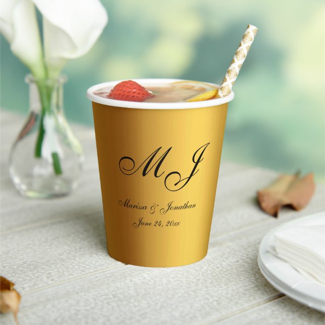 Luxury Gold Black Monogram Script Wedding Paper Cups (Insitu)
