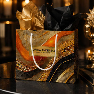 Luxury Gold Black Orange Abstract Metallic Marble Large Gift Bag