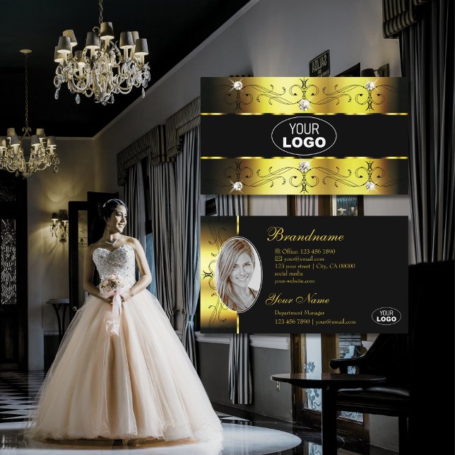 Luxury Gold Black Ornate Borders Jewels Logo Photo Business Card (Creator Uploaded)