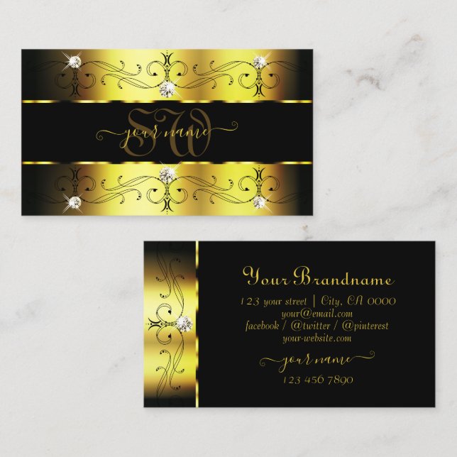 Luxury Gold Black Ornate Borders Jewels Monogram Business Card (Front/Back)