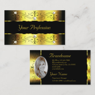 Luxury Gold Black Ornate Borders Jewels with Photo Business Card