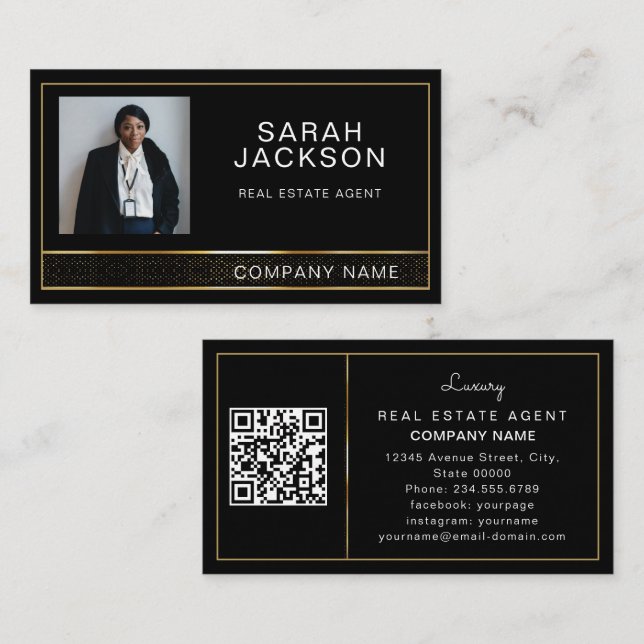 Luxury gold black  Professional Real Estate Agent Business Card (Front/Back)