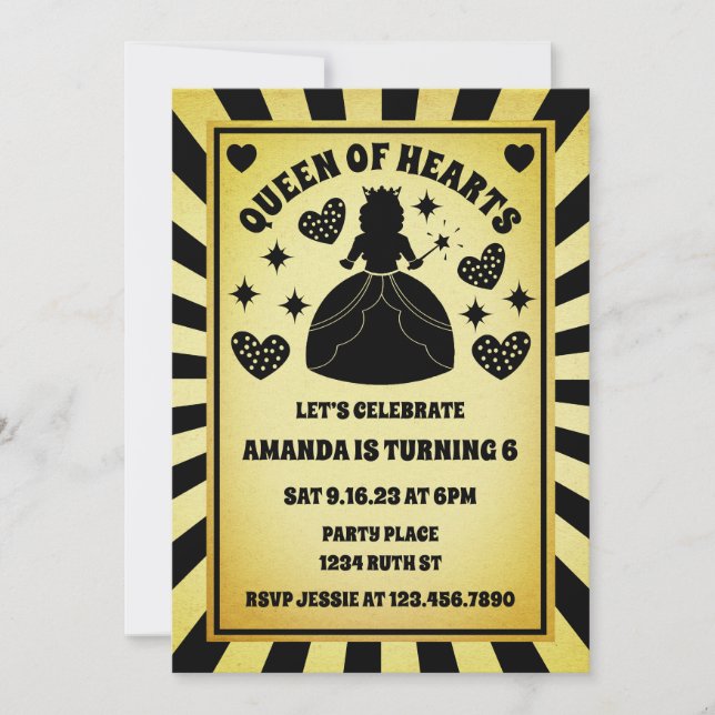 Luxury Gold Black Queen Of Hearts Birthday Invitation (Front)