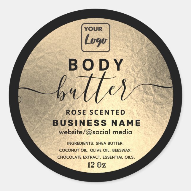 Luxury gold black script body butter logo classic round sticker (Front)