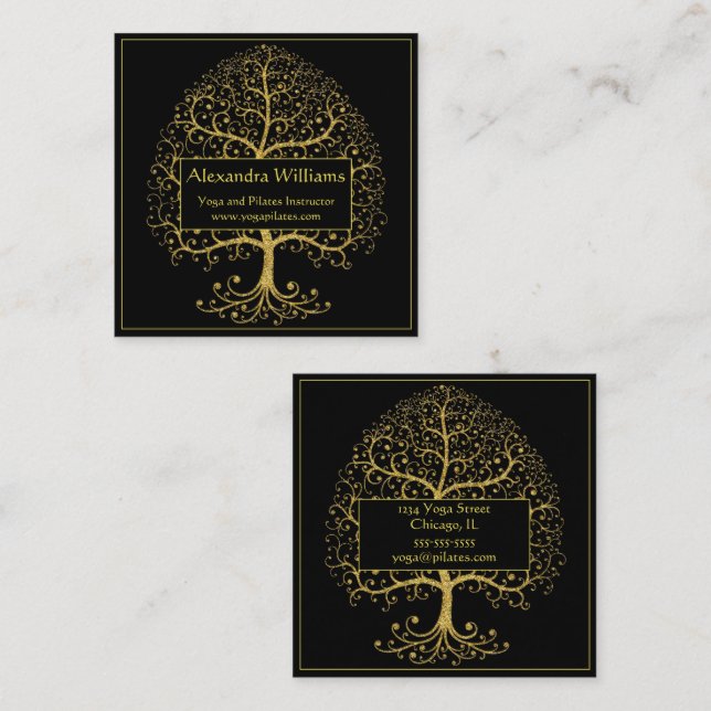 Luxury Gold Black Tree of Life Personalised Square Business Card (Front/Back)