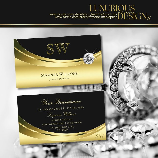 Luxury Gold Black with Monogram Sparkling Diamond Business Card (Creator Uploaded)