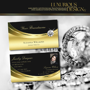 Luxury Gold Black with Photo and Sparkling Diamond Business Card