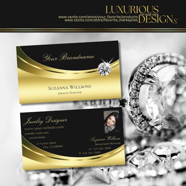 Luxury Gold Black with Photo and Sparkling Diamond Business Card (Creator Uploaded)