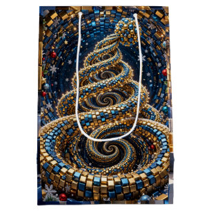 Luxury Gold Blue 3D Cube Tunnel Christmas Tree Medium Gift Bag