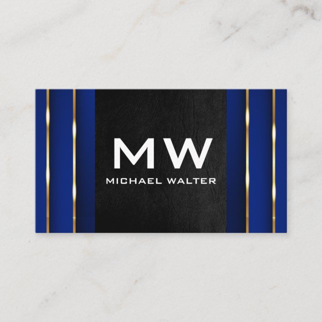 Luxury Gold Blue Background | Black Leather Business Card (Front)