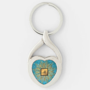 Luxury Gold Blue Glitter Monogrammed Gift Key Ring