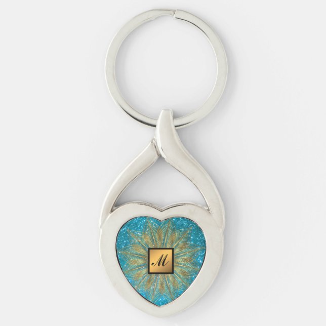 Luxury Gold Blue Glitter Monogrammed Gift Key Ring (Front)
