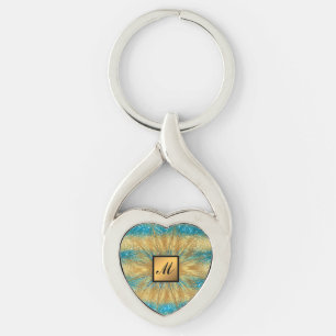 Luxury Gold Blue Glitter Monogrammed Gift Key Ring