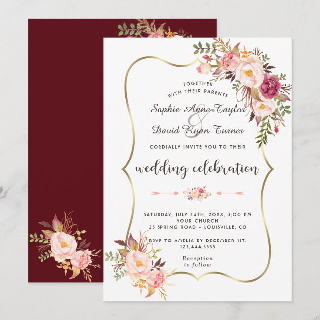 Luxury Gold Blush Pink Floral Burgundy Wedding Invitation (Front/Back)