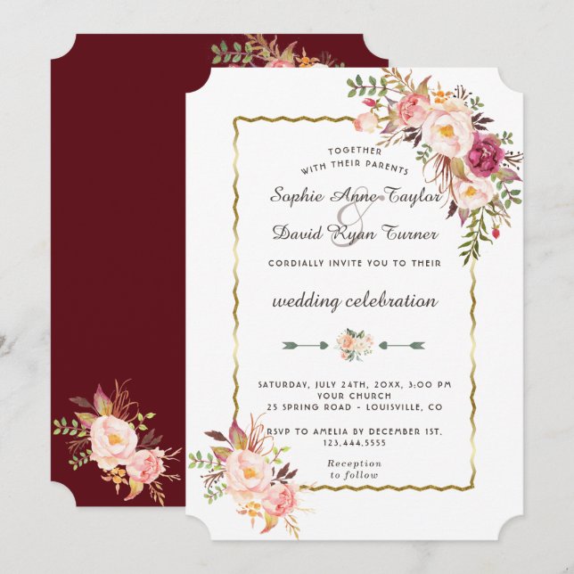 Luxury Gold Blush Pink Floral Burgundy Wedding Invitation (Front/Back)