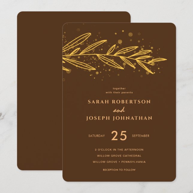 Luxury Gold Botanical Foliage Brown Wedding Invitation (Front/Back)