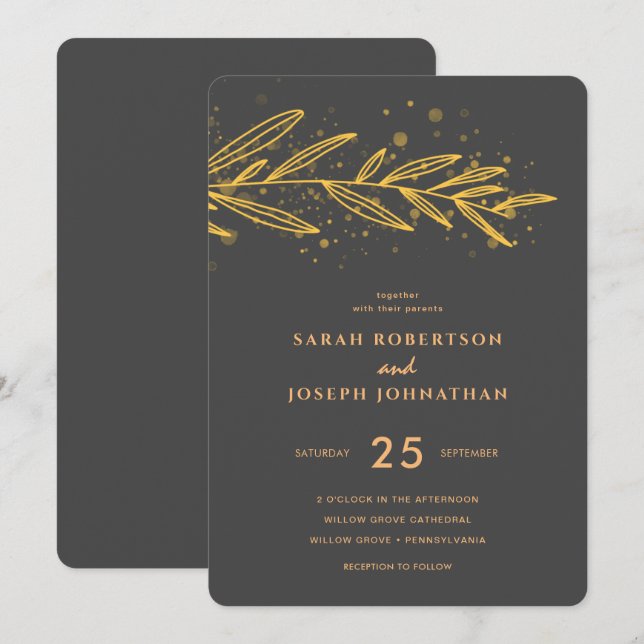 Luxury Gold Botanical Foliage Grey Wedding Invitation (Front/Back)