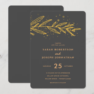 Luxury Gold Botanical Foliage Grey Wedding Invitation