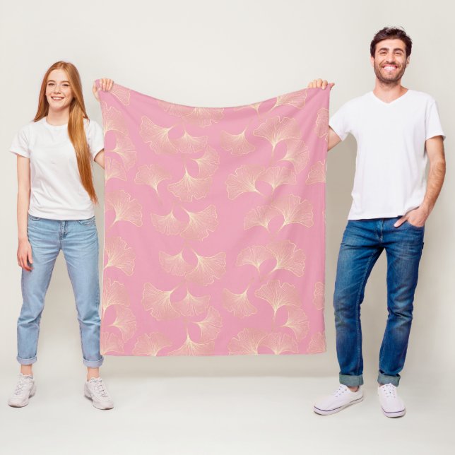 Luxury Gold Botanical Leaves Blush Pink Pattern Fleece Blanket (In Situ)