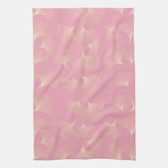 Luxury Gold Botanical Leaves Blush Pink Pattern Tea Towel (Vertical)