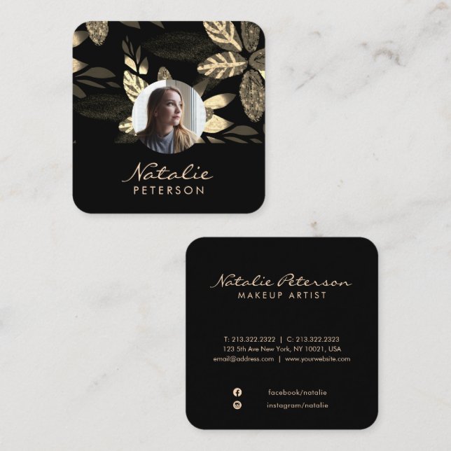 luxury gold botanical script photo square business card (Front/Back)
