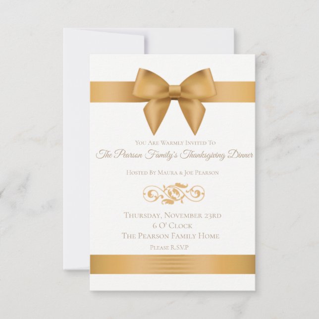 Luxury Gold Bow Thanksgiving Dinner Invitations (Front)
