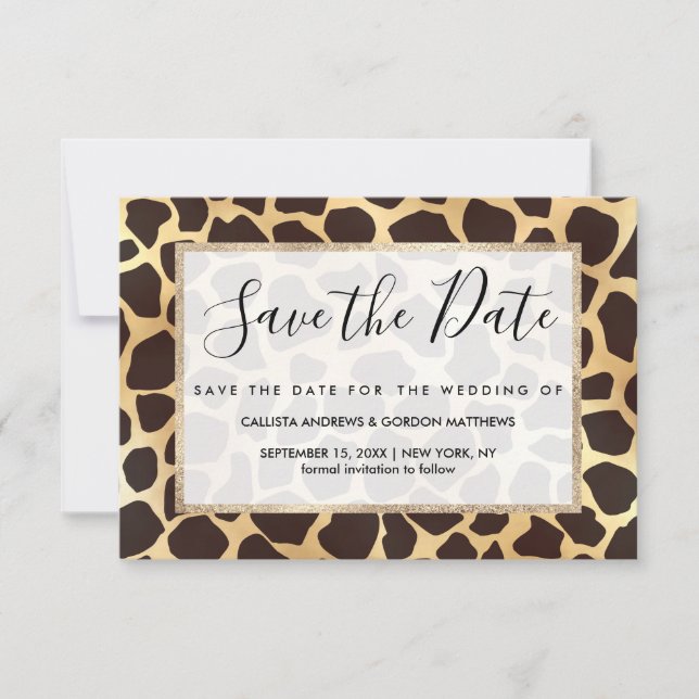 Luxury Gold Brown Giraffe Animal Print Pattern Save The Date (Front)
