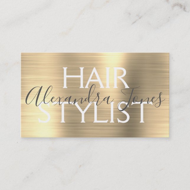 Luxury Gold Brushed Metal Hair Stylist Business Card (Front)