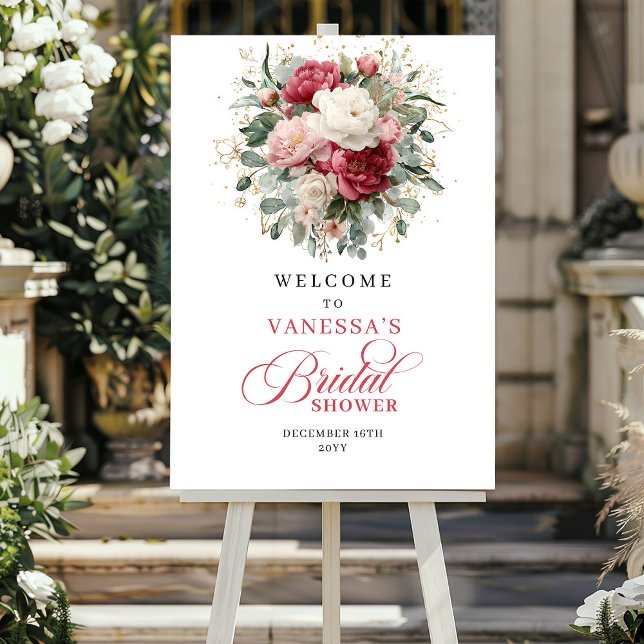 Luxury Gold Burgundy Floral Bridal Shower Welcome Poster (Luxury Gold Burgundy Floral Bridal Shower Welcome)