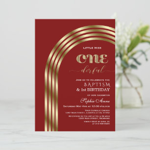Luxury Gold Burgundy Girl First Birthday & Baptism Invitation