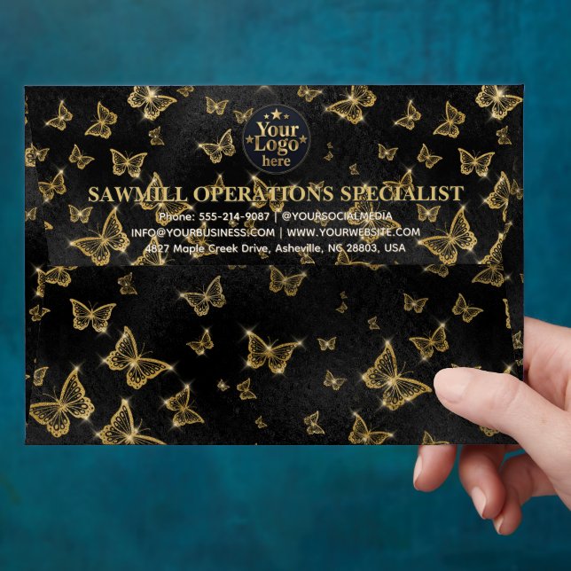 Luxury Gold Business Logo Return Address Navy Blue Envelope (Hand)