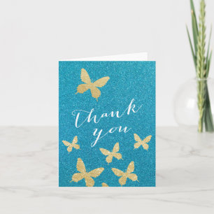 Luxury Gold Butterflies Teal Thank You Cards