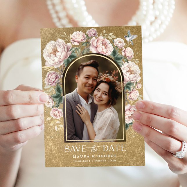Luxury Gold Chinoiserie Floral Photo Save the Date Invitation (Creator Uploaded)